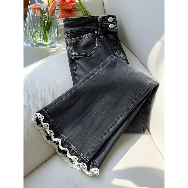 2025年春季新款爆款高级感超好看气质显瘦长裤灰色蕾丝拼接牛仔裤