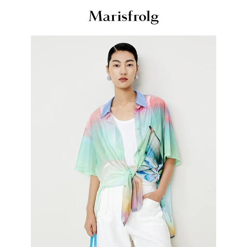 【艺术家联名】玛丝菲尔夏季渐变蝴蝶印花轻薄短袖衬衫A1DE26189