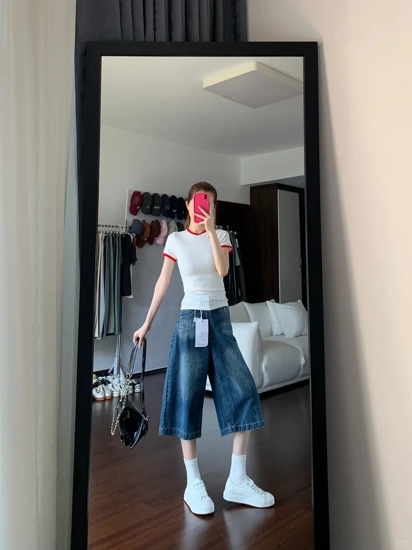 美式复古七分牛仔裤女夏季八分中裤高腰梧桐阔腿百搭直筒六分短裤