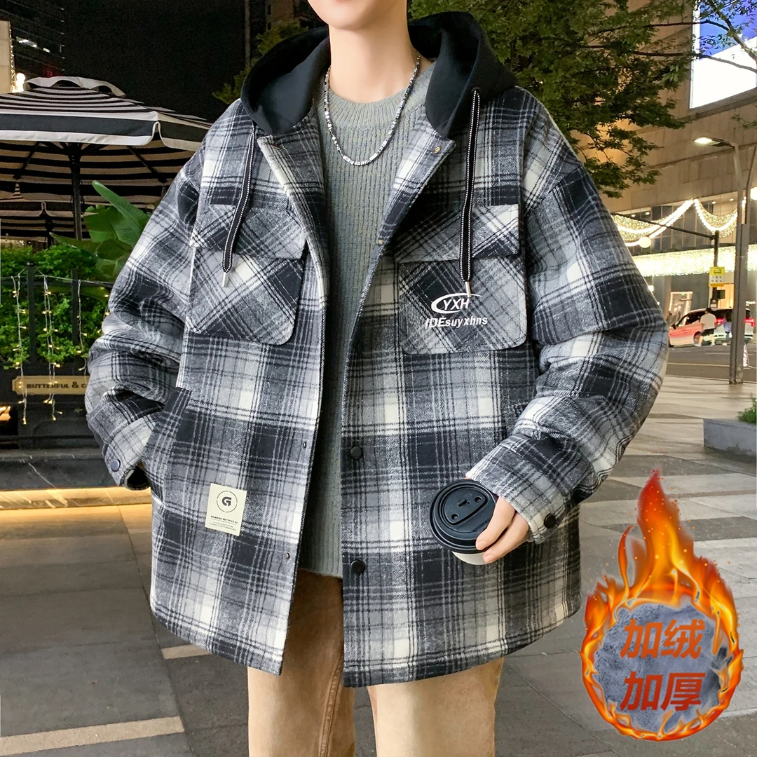 男士加绒加厚外套冬季连帽多口袋黑白格保暖宽松潮牌连帽夹克上衣