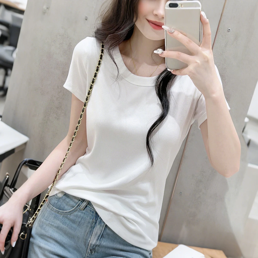 白色短袖T恤女装2025夏季穿搭简约百搭修身显瘦正肩棉质体恤上衣