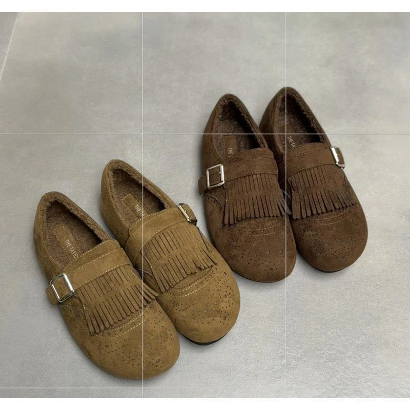 布洛克风~流苏小皮鞋女冬毛毛鞋小众复古加绒单鞋乐福鞋6521-3/B1