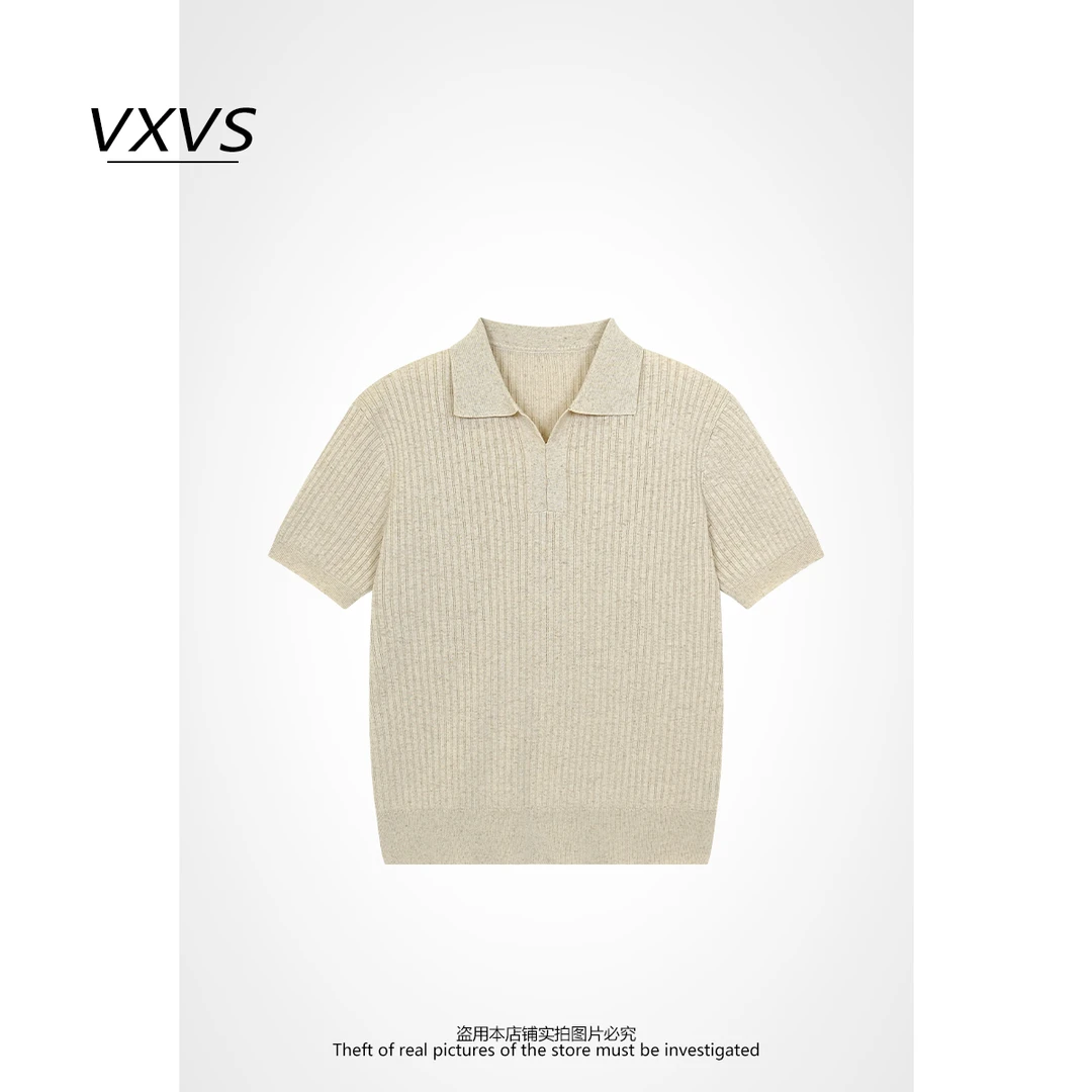 VXVS 【老钱新贵】天爽亚麻天丝混纺深V海鸥领polo衫 162138