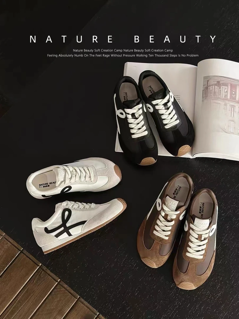 自然卷复古系带休闲运动小白鞋不对称大头鞋舒适轻便女德训阿甘鞋