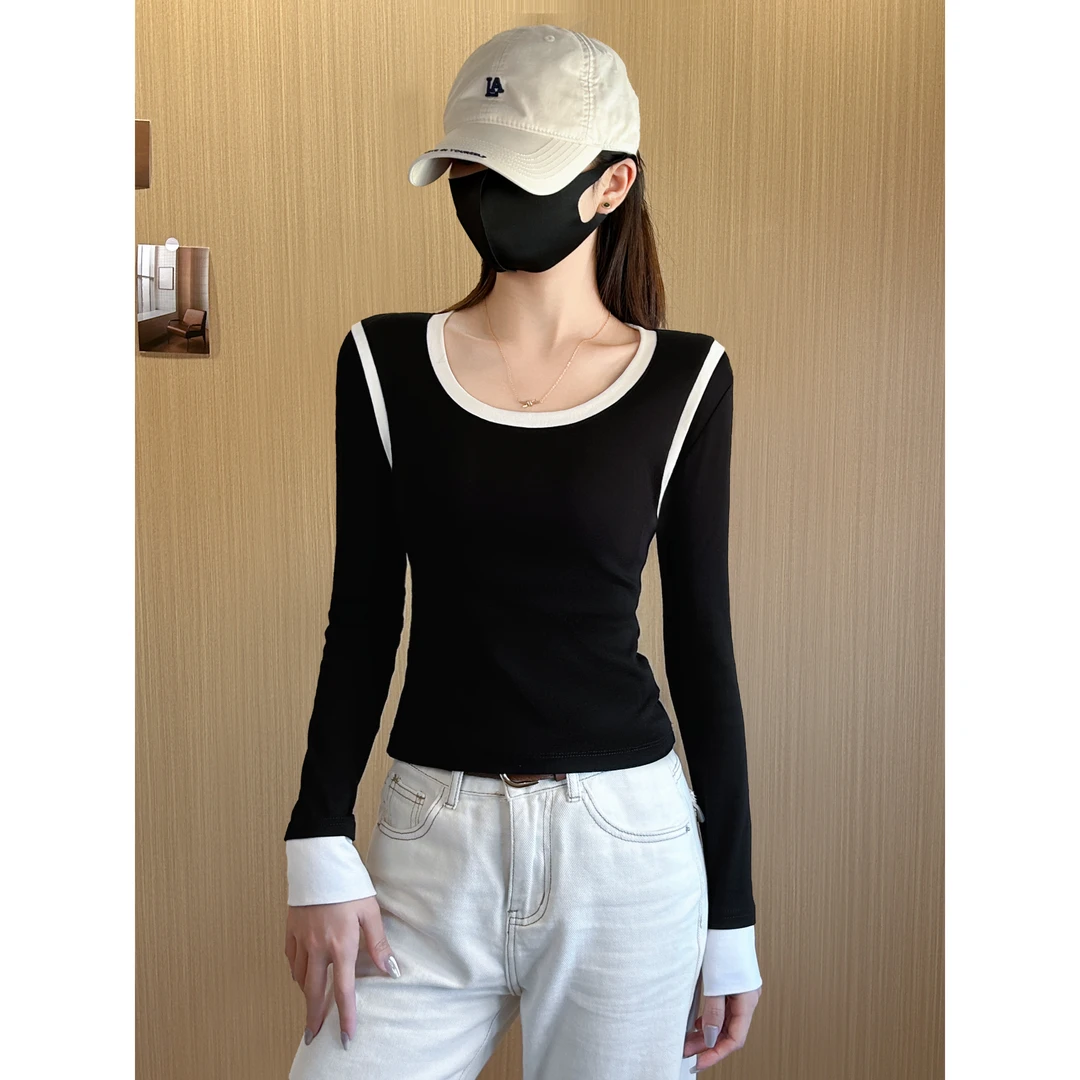 黑白拼接长袖t恤女2025秋冬修身设计感打底衫内搭撞色显瘦上衣潮