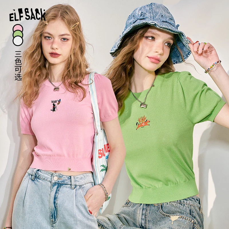 6034【赵老板】妖精的口袋妖精的夏天泡泡袖短袖针织衫女2024夏