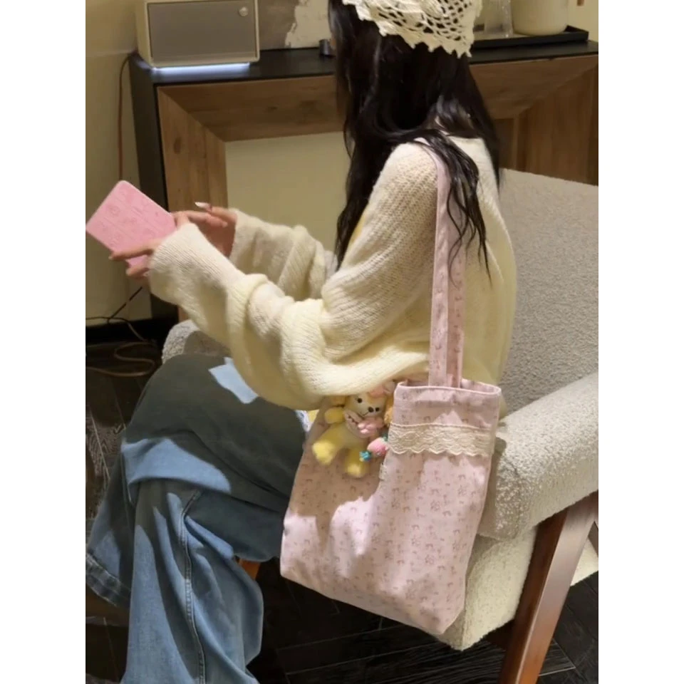 韩系碎花帆布单肩包包女2025新款小众蕾丝边托特包通勤腋下手提包
