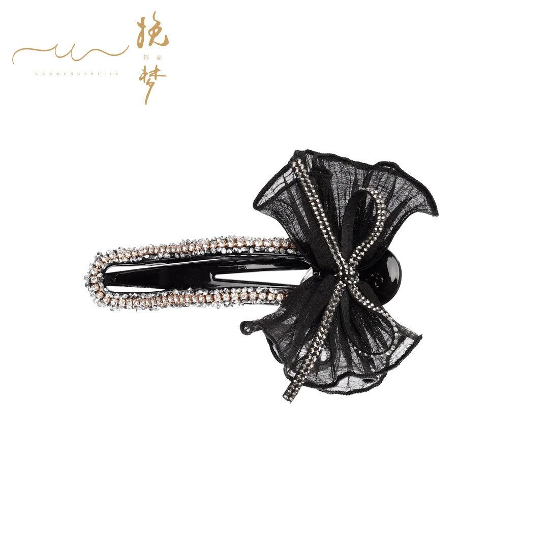 新款韩系时尚轻奢黑色褶皱满镶蝴蝶带时尚百搭懒人夹4024