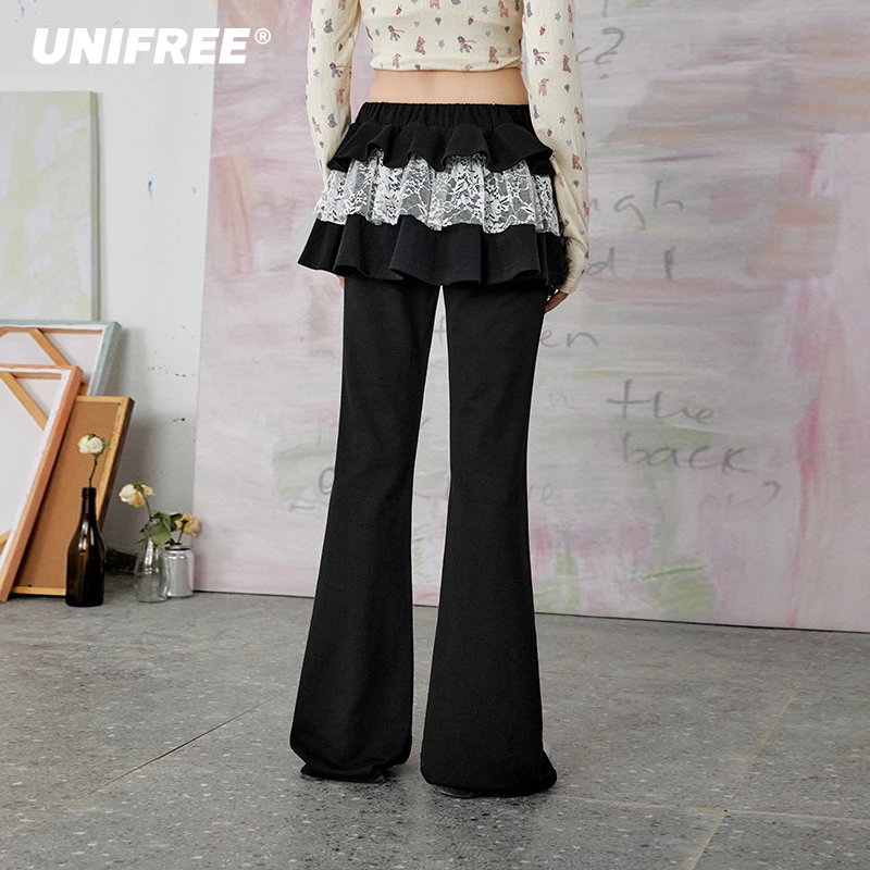 unifree【25年春】假两件休闲运动裤蕾丝边美式阔腿拖地裤微喇裤