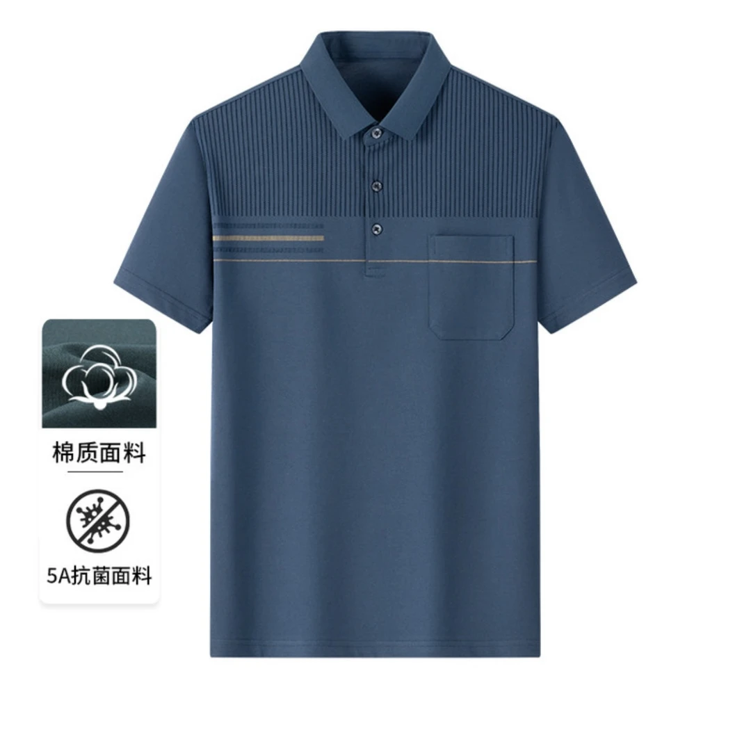 高档真口袋中老年夏季短袖T恤翻领条纹爸爸夏装休闲半袖上衣polo