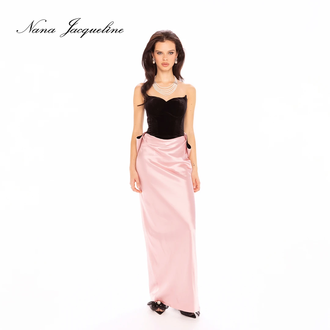NanaJacqueline丝绒拼缎面抹胸连衣裙冬季新款女蝴蝶结背饰小礼服