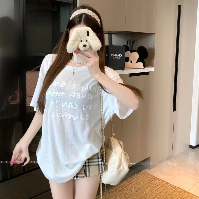 chic韩系白色字母印花棉t恤女夏季新款气质休闲风百搭短袖上衣ins