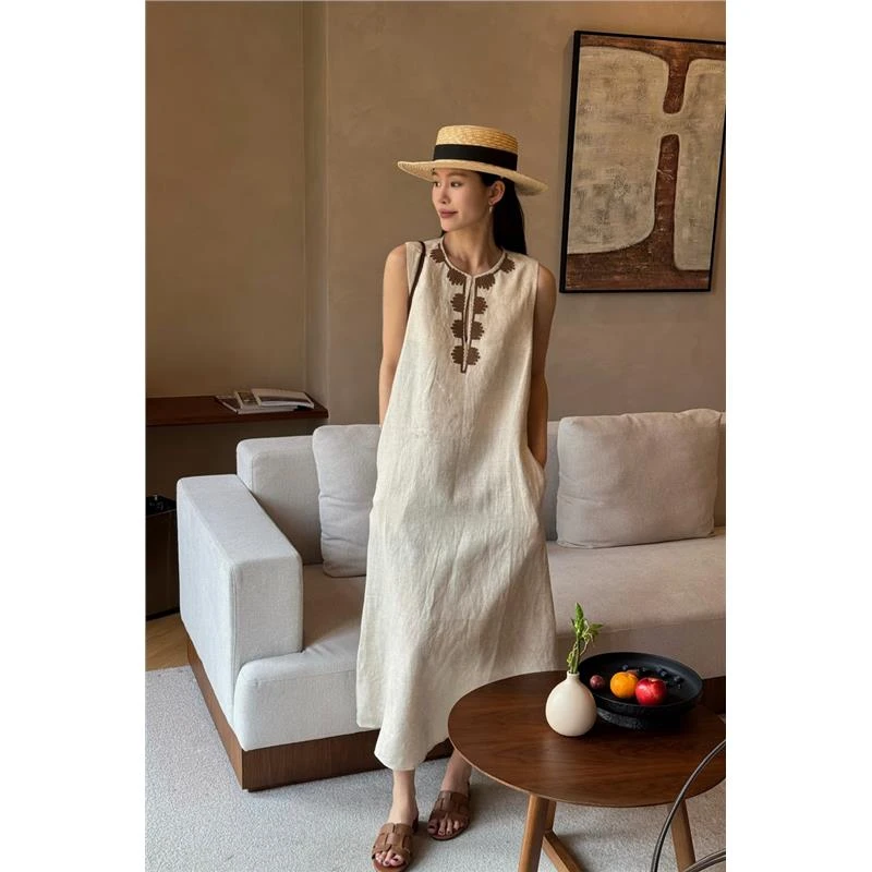 【100%亚麻】原色新中式亨利领民族风设计感海边度假无袖背连衣裙