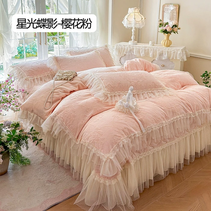 冬季爆款超仙公主风牛奶绒四件套法式花边被套双面绒保暖加厚床盖