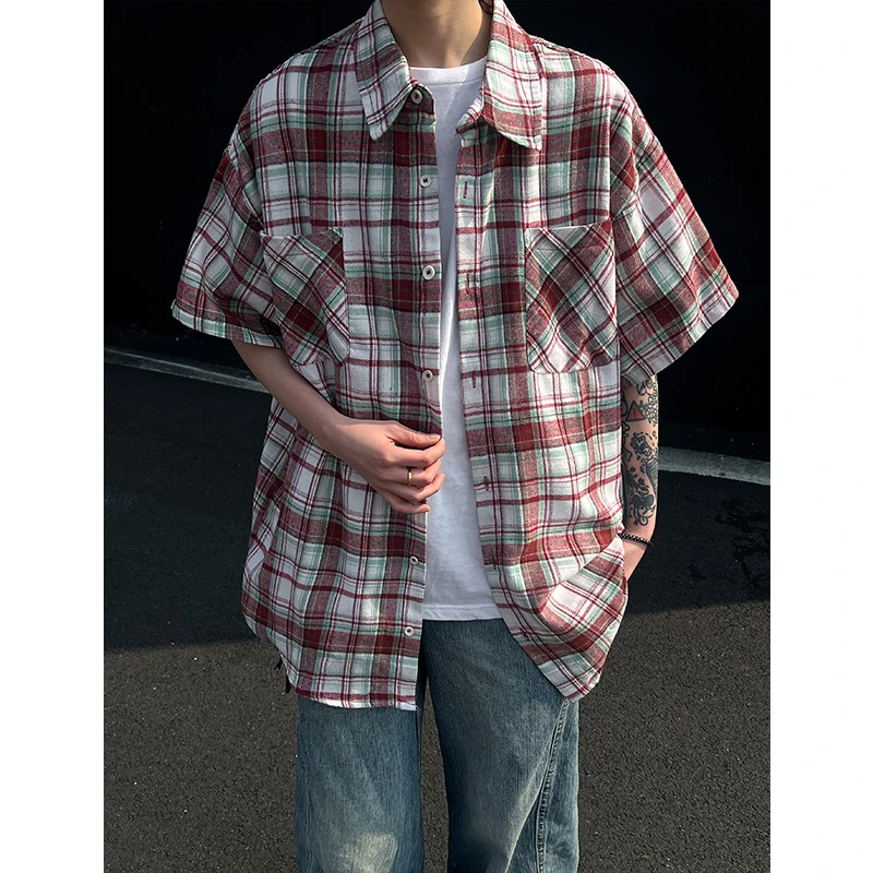 【富富】春夏格子衬衫男长袖短袖复古潮牌宽松百搭衬衣大码外套CY05