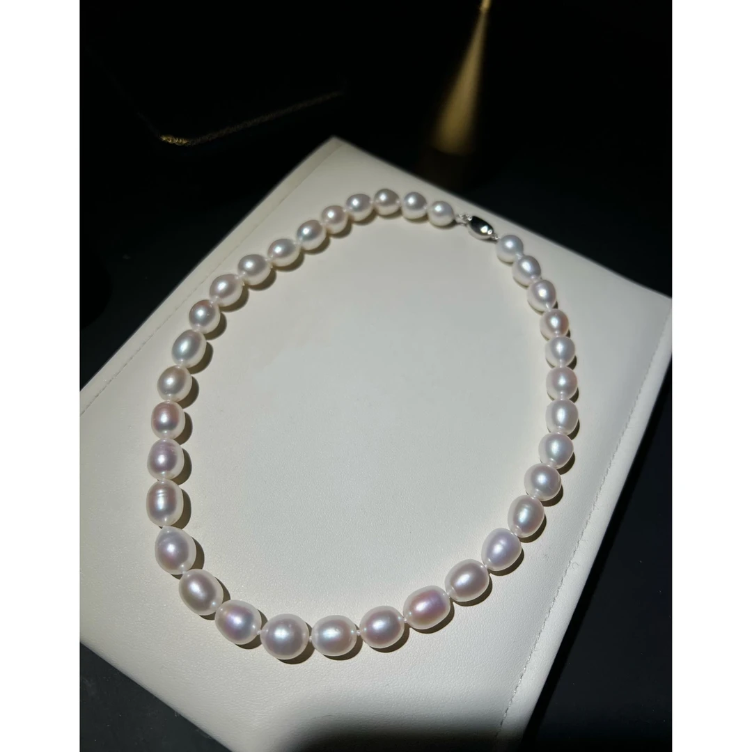 JUNMU稀缺大颗粒无核10mm冷光几乎无暇淡水米形珍珠项链气质颈链