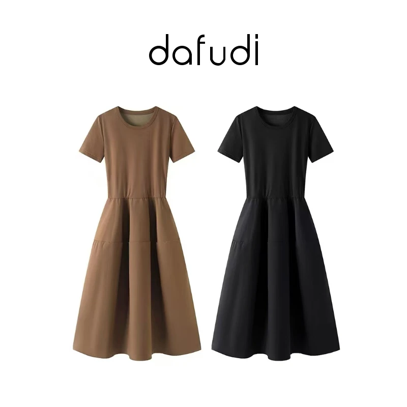 【JN】商场同款2025年夏季新品短袖拼接圆领连衣裙J5343