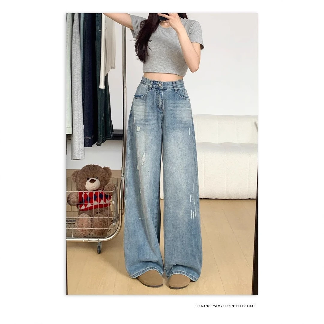 大码胖MM复古水洗抓痕牛仔裤女2025春季宽松高腰显瘦直筒阔腿裤子
