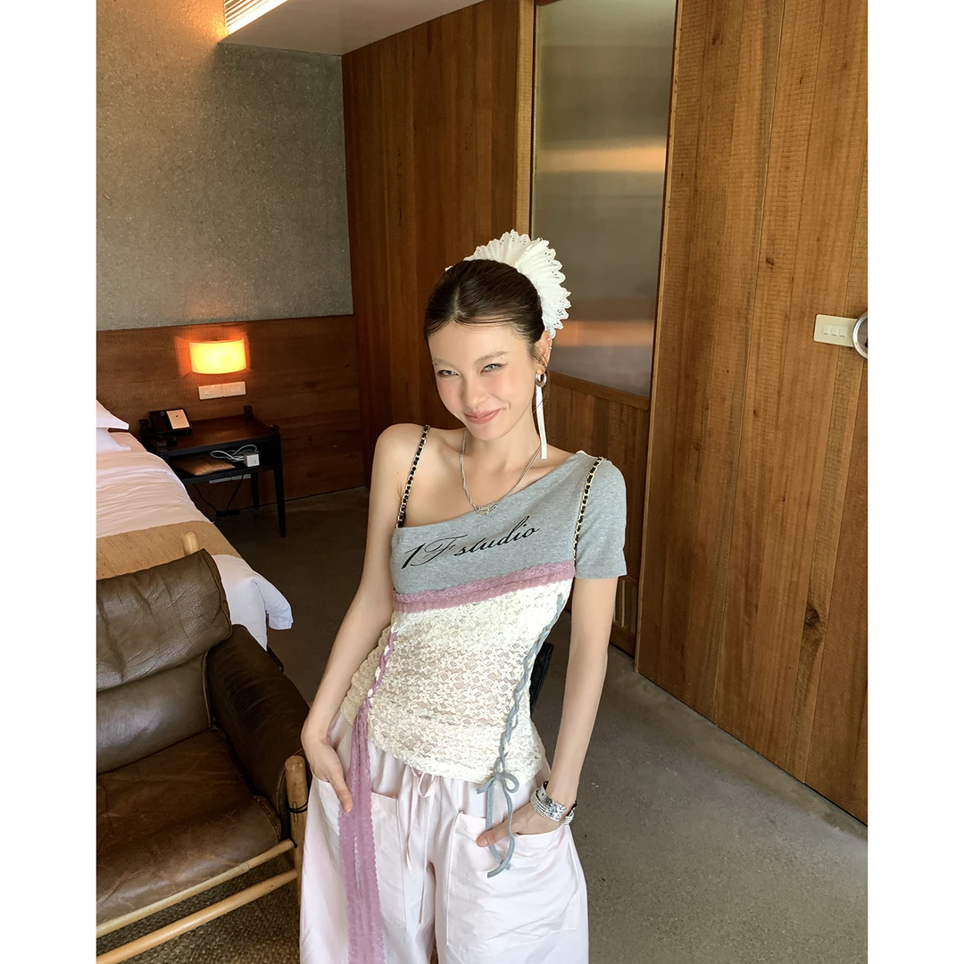 【紫荆花】辣妹蕾丝拼接单肩T恤设计感4333