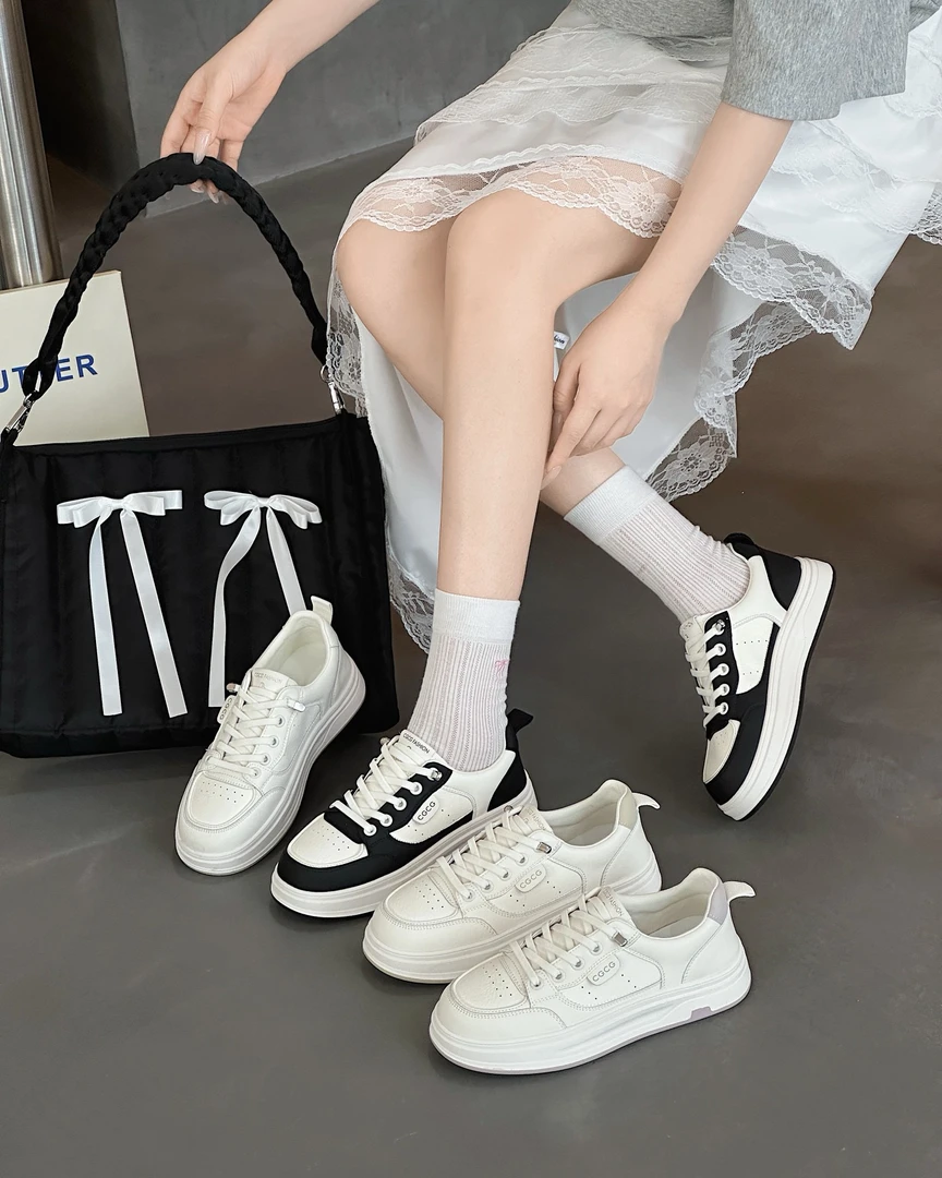 漫斯贝尔真皮平底小白鞋女夏季新款港风复古百搭厚底休闲运动板鞋