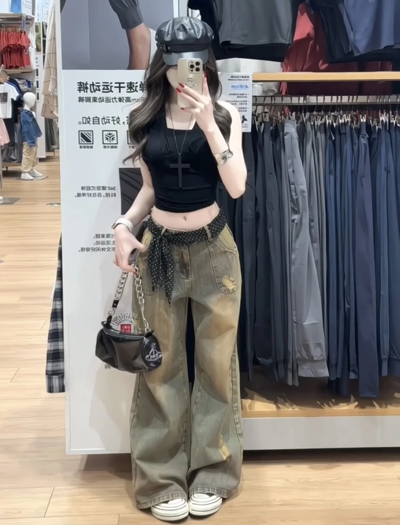 美背狙击 显瘦挂脖绑带性感露背吊带短上衣+低腰辣妹牛仔裤两件套