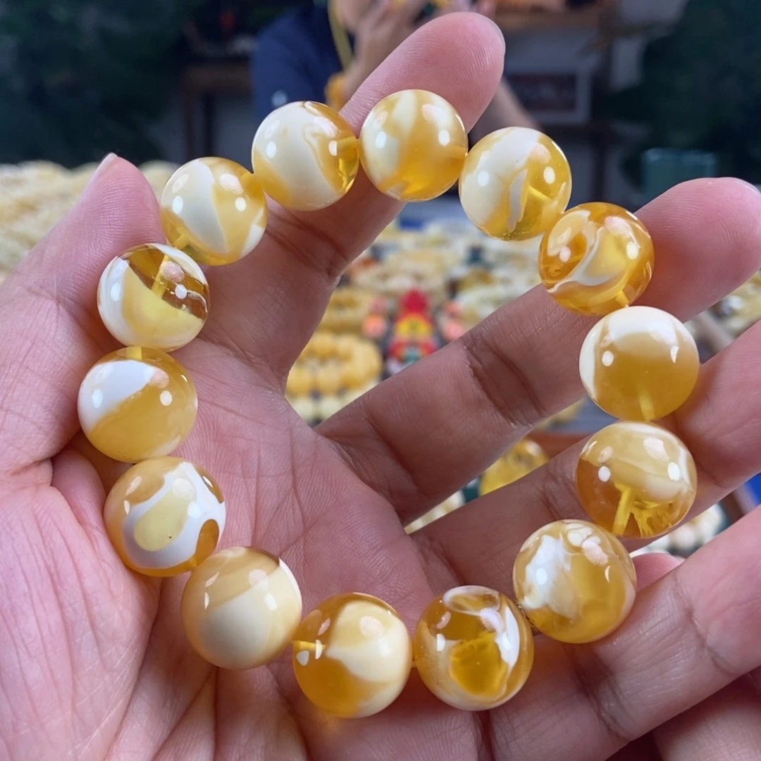 琥珀未镶嵌珠宝奇石16金漆白手串33.21