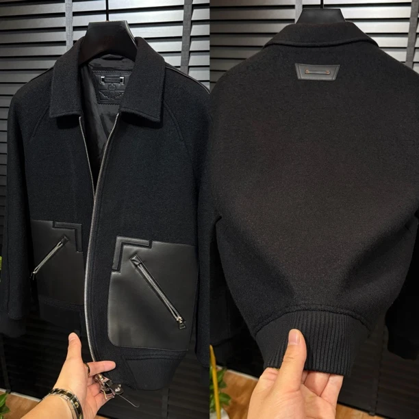 097翻领羊毛混纺配皮加厚夹克青春潮流时尚穿搭百搭款