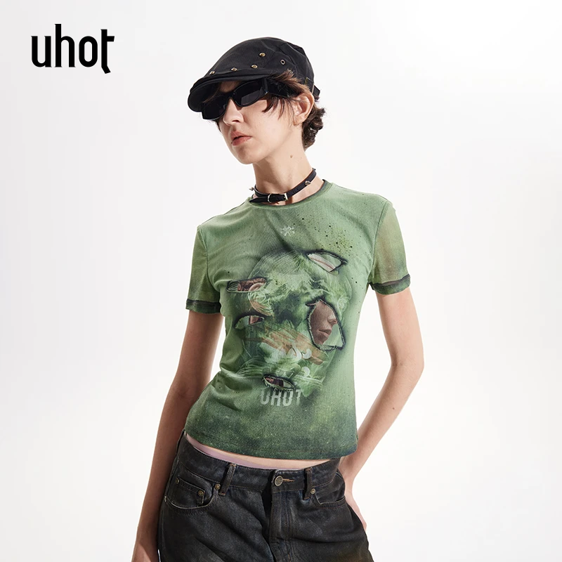 UHOT 绿色网纱印花圆领设计显瘦百搭T恤女2025春夏新款 UWWS3T193