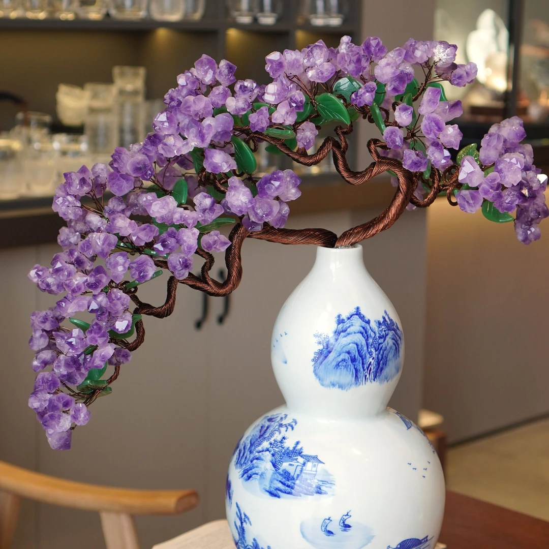 福禄双全葫芦瓶原矿紫水晶树装饰品礼物手工摆件晶簇原石居家礼品