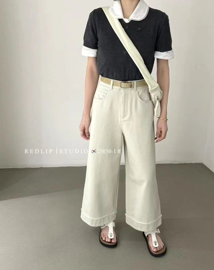 夏末早秋季复古毛边直筒休闲裤女高腰显瘦九分阔腿裤25030