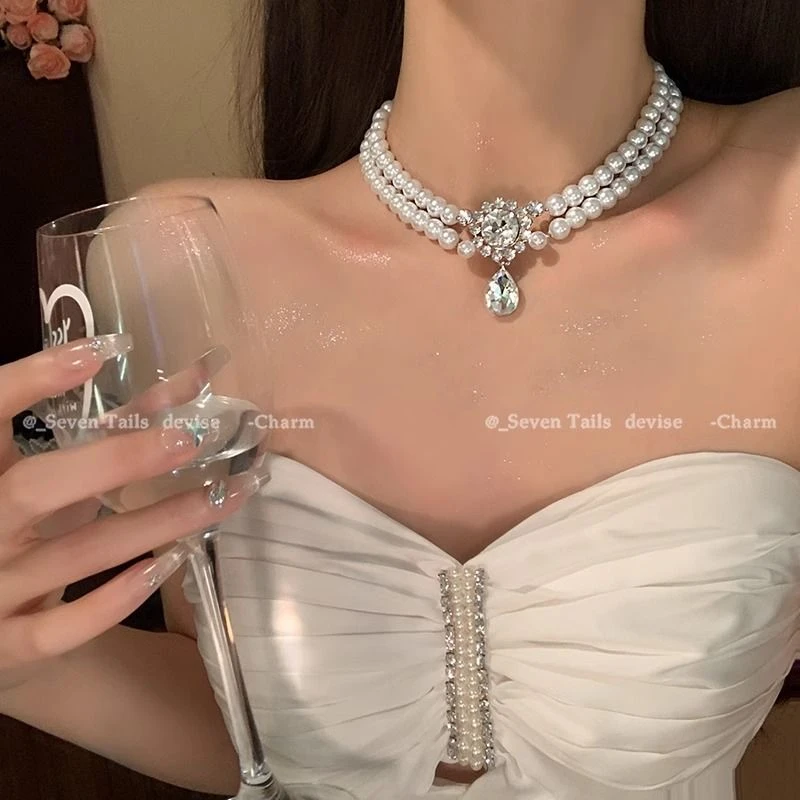 超闪~双层镶嵌项链高级感晚礼服锁骨链生日小众夸张绝美百搭颈链