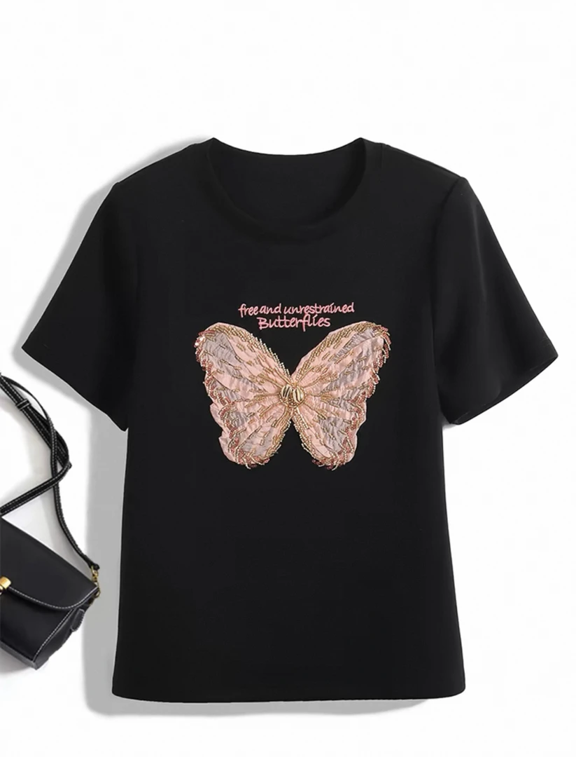 C01-C99夏季新款减龄撞色刺绣烫钻蝴蝶短袖女气质宽松百搭上衣