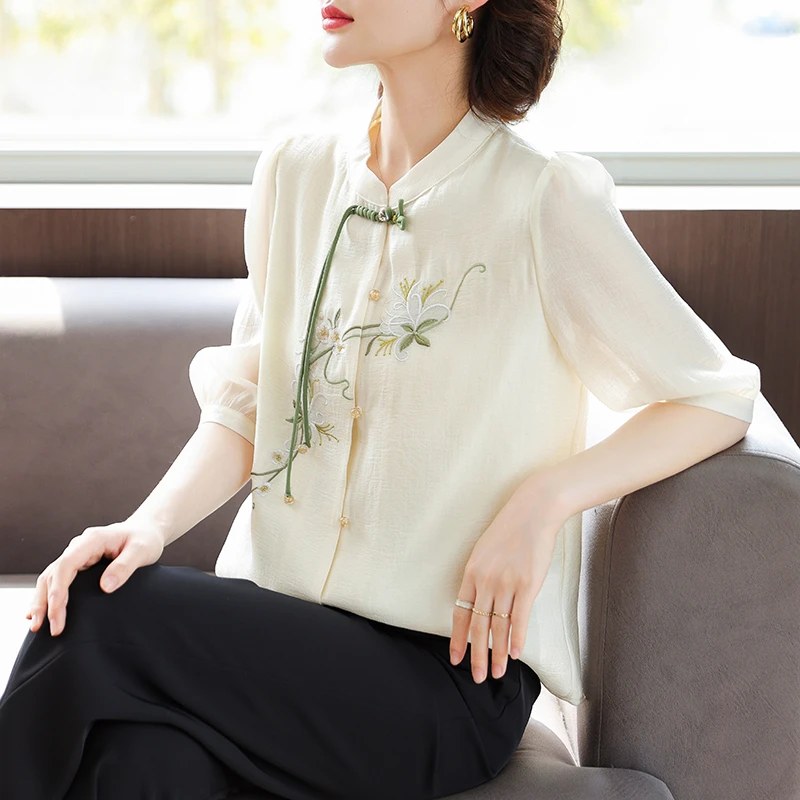 新中式国风重磅刺绣盘扣流苏双层纱中袖开衫两穿上衣显瘦宽松大码