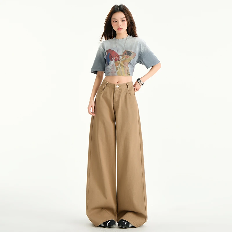 2025春秋上新好品新款美式复古阔腿牛仔裤女宽松小众铁棕色美拉德