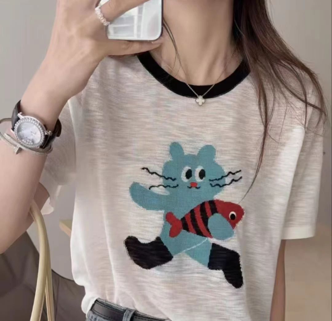 韩系拼色透气凉爽冰丝小猫短袖T恤夏季新款宽松显瘦休闲卡通上衣