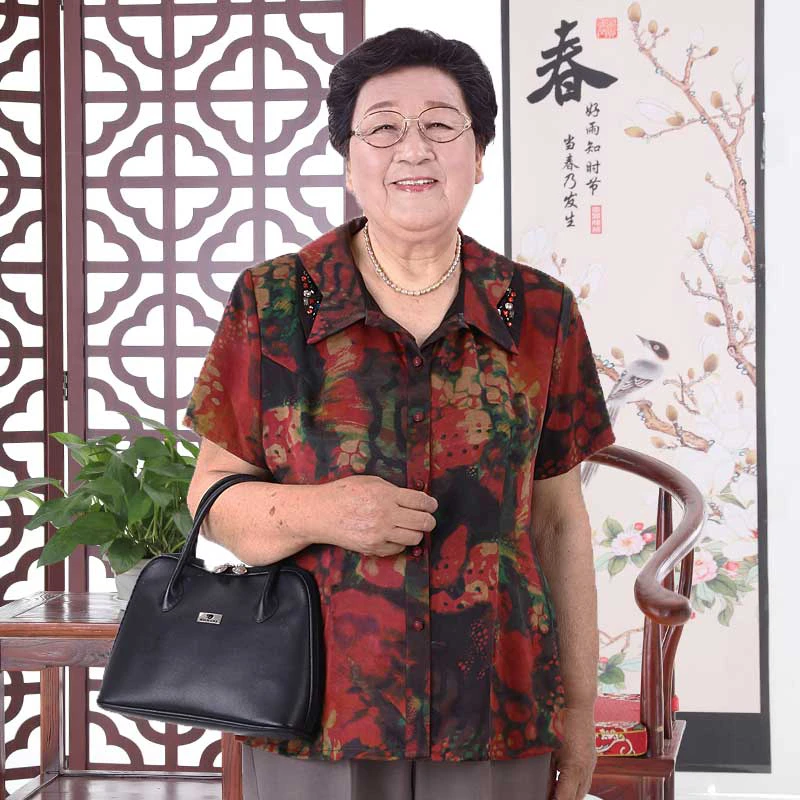 妈妈奶奶装老年女装翻领衬衫香云纱夏季高裆国风衫桑蚕丝真丝短袖