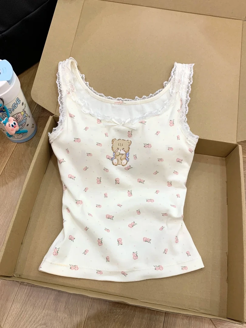 【夏日小吊带】甜美可外穿蕾丝花边小熊吊带少女夏季新款带胸垫背心