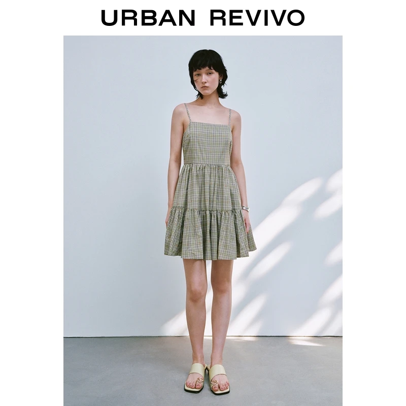 UR2025夏季新款女装复古休闲撞色格纹吊带连衣裙UYY750072