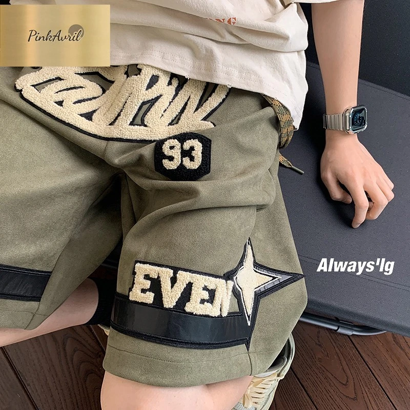 PinkAvril美式篮球短裤男款夏季高街潮牌麂皮绒中裤大码毛巾绣运