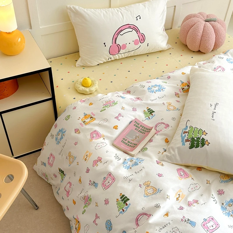 ins温柔少女心纯棉床上四件套儿童床品100全棉被套卡通三件套轻奢