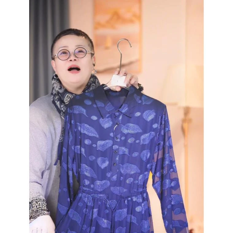 457【蓝色万针刺绣菩提叶】高级连衣裙提花气质百搭显瘦春夏