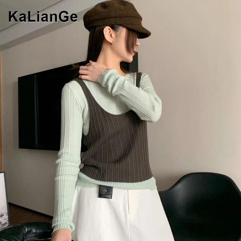 卡莲格/假两件微胖mm圆领上衣女秋季2025新款韩系显瘦撞色针织衫