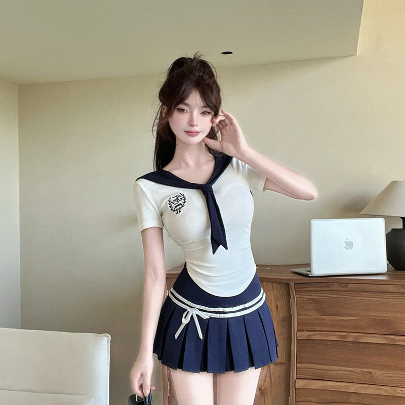 学院风JK制服套装女夏季海军领短袖衬衫搭配百褶半身短裙两件套棉