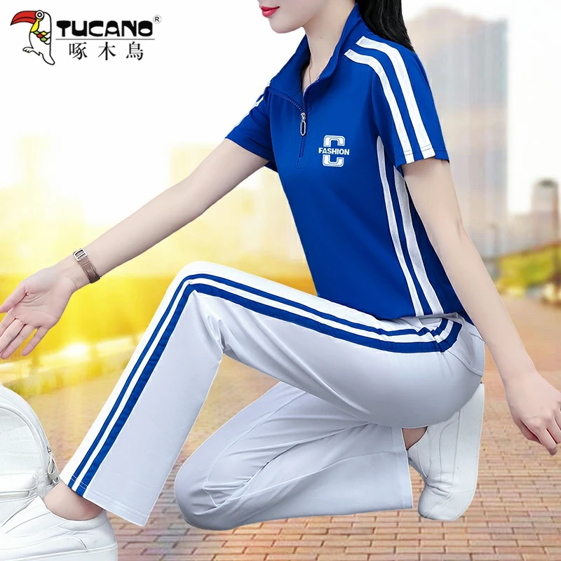 啄木鸟运动套装女夏季薄款2025新款休闲妈妈装减龄短袖T恤两件套