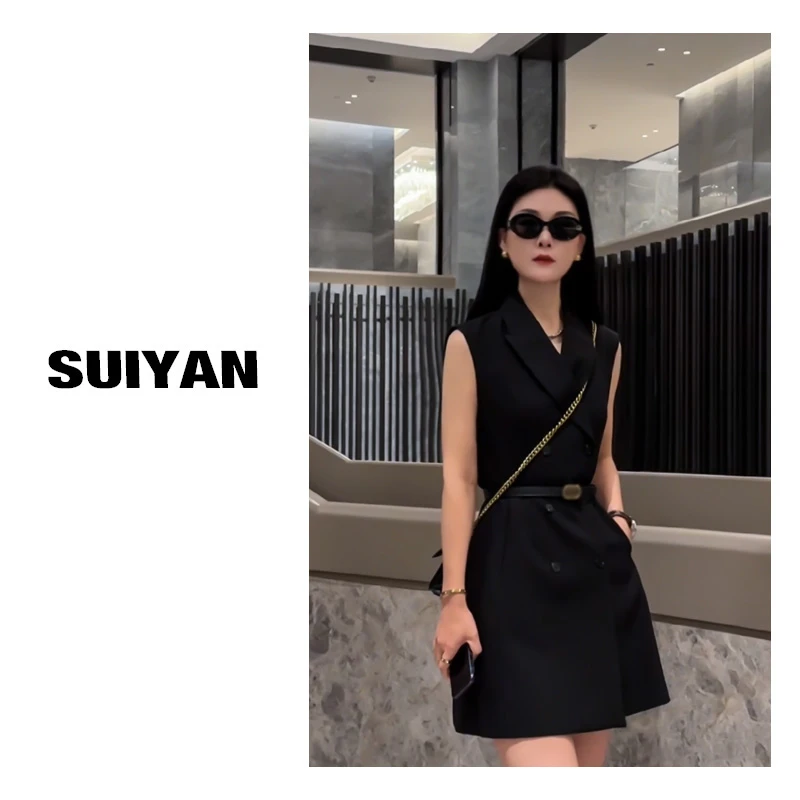 岁言suiyan高定女装连衣裙轻奢气质显瘦夏季黑色西装裙无袖设计师