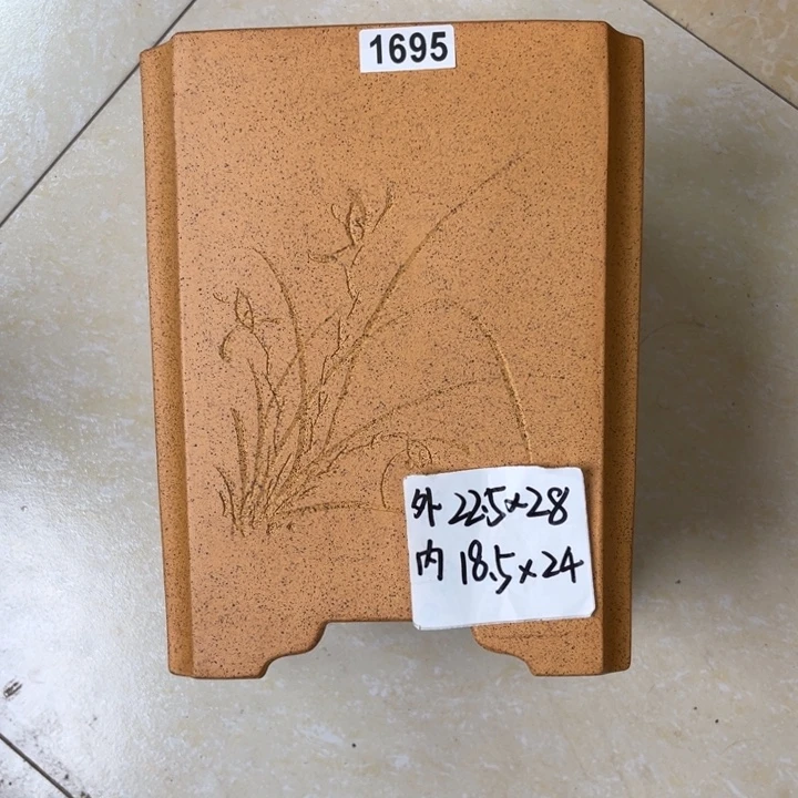 紫砂花盆  柴烧刻绘切角大签筒1695