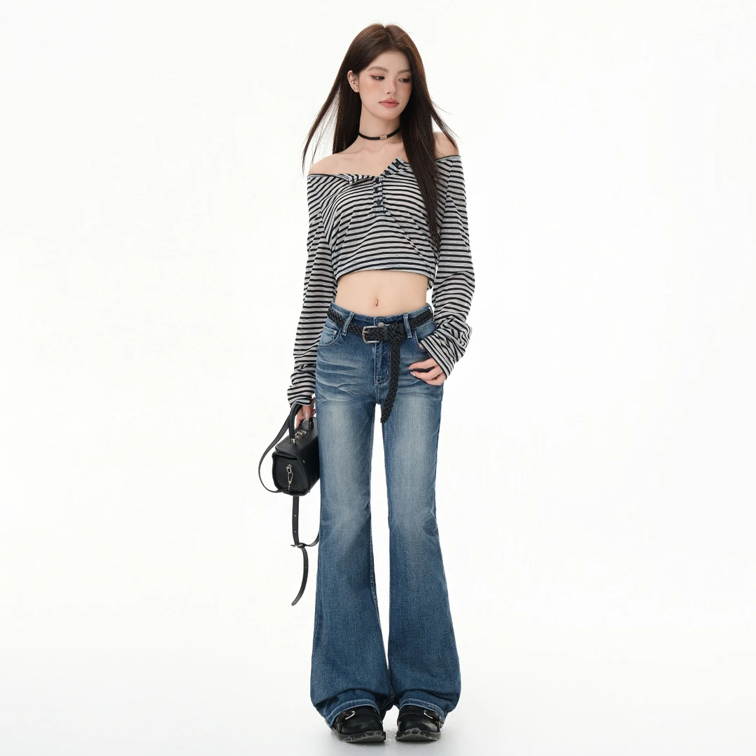 美式复古重工艺水洗毛须窄版弹力微喇牛仔裤子