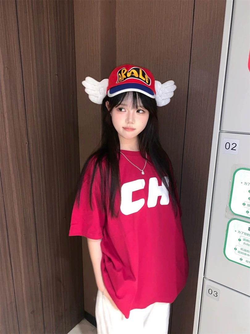 100%纯棉甜美学院风短袖inst恤女中长款潮流oversize宽松显瘦百搭