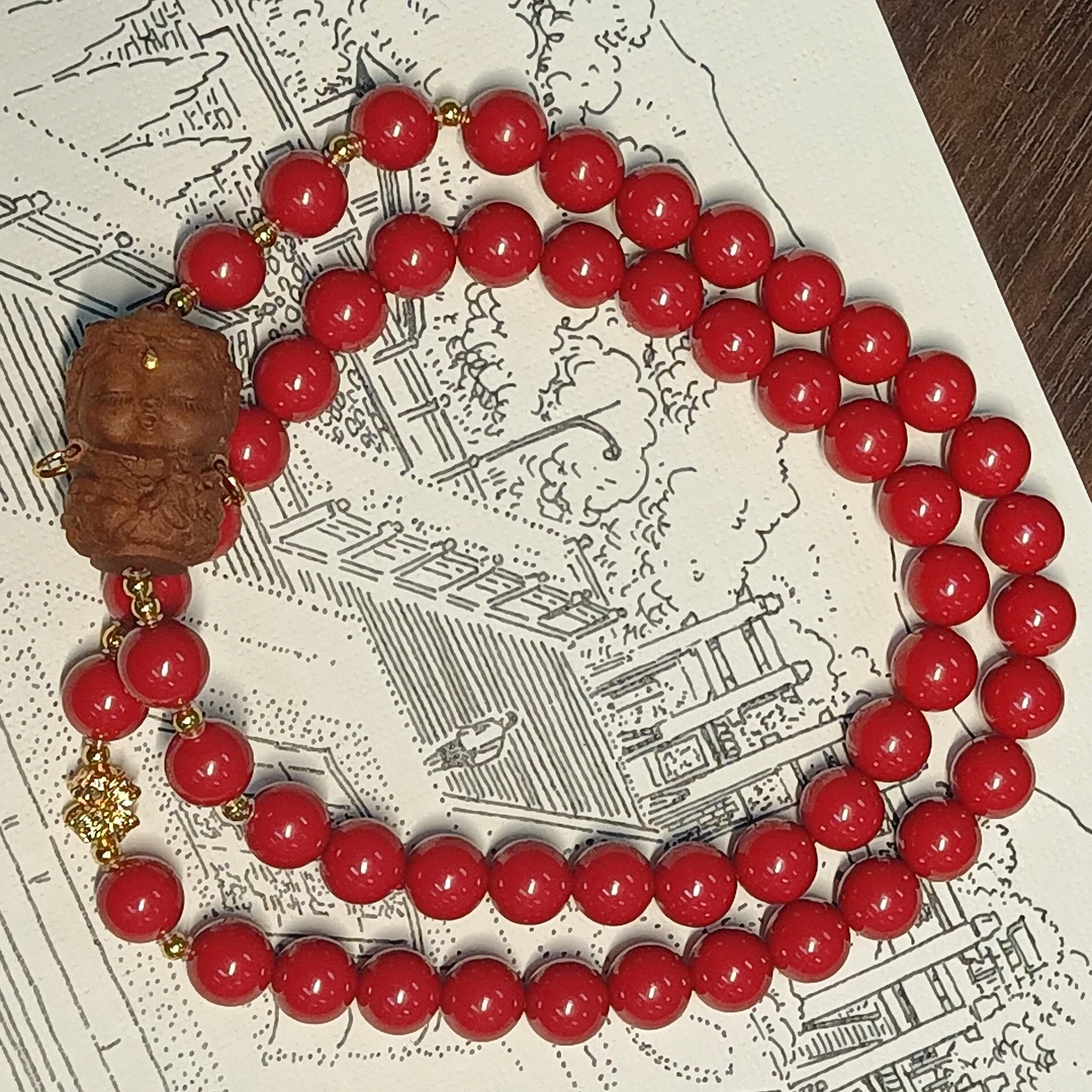 含辰砂工艺品【归律】朱砂帝王砂6mm老山檀绿度母双圈手串