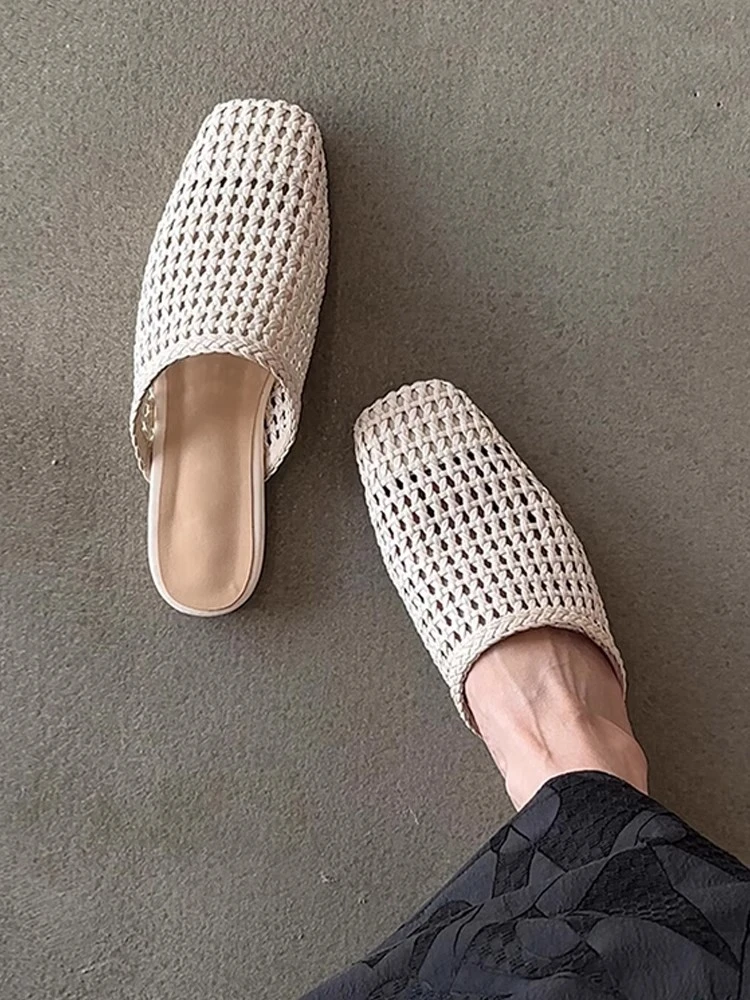 软羊皮~复古镂空编织包头半拖鞋夏时尚外穿方头懒人一脚蹬凉拖鞋